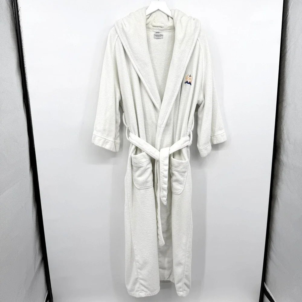 Vintage Christian Dior Monsieur Robe OS Terry Cloth Hooded Quiet Luxury Logo Spa